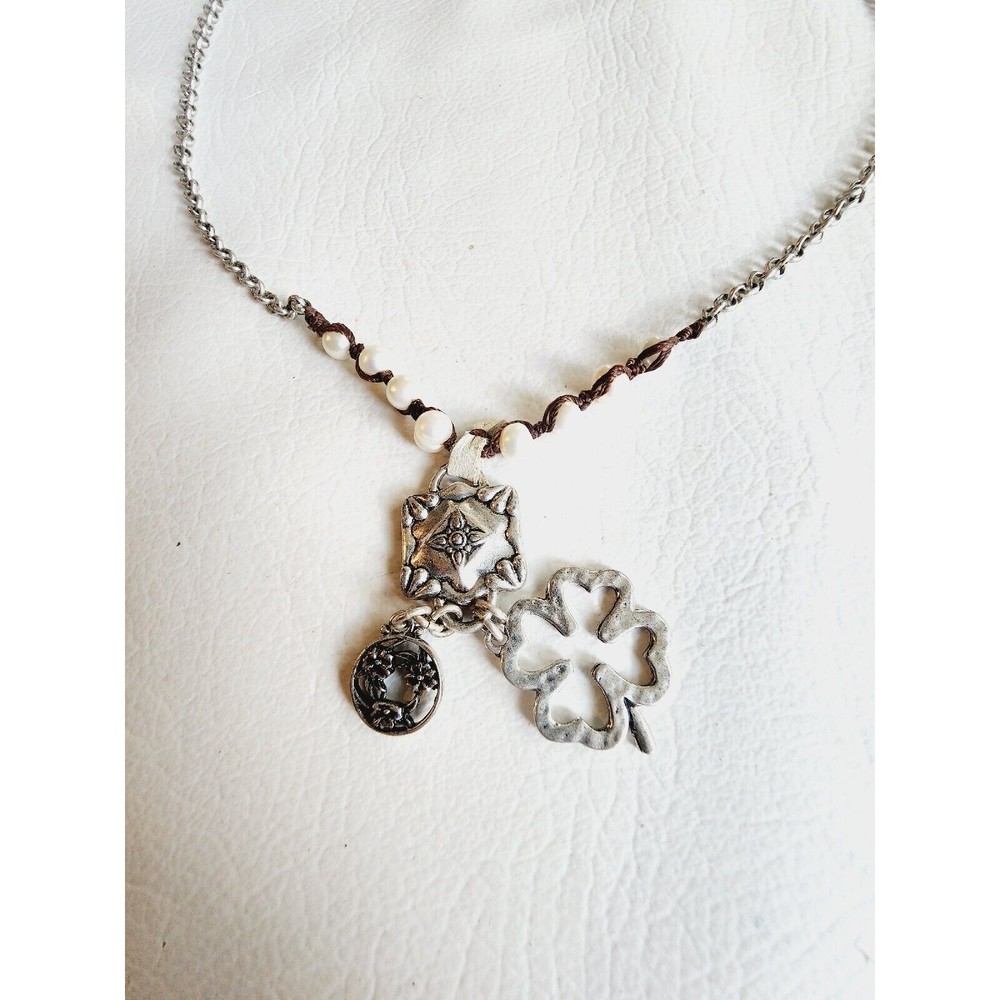LUCKY BRAND NECKLACE FRESHWATER PEARLS LEATHER FOUR-LEAF CLOVER CHARMS